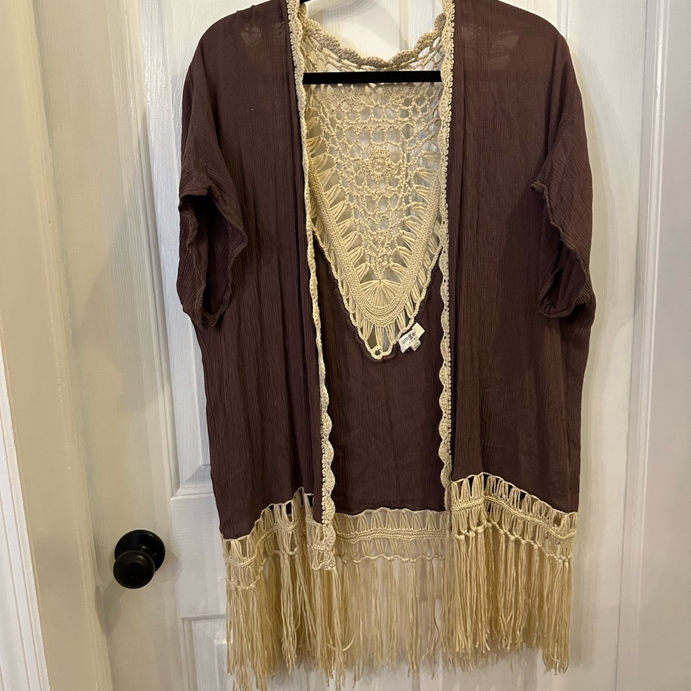 Umgee Cream and Brown Fringe Cape with Lace Detail